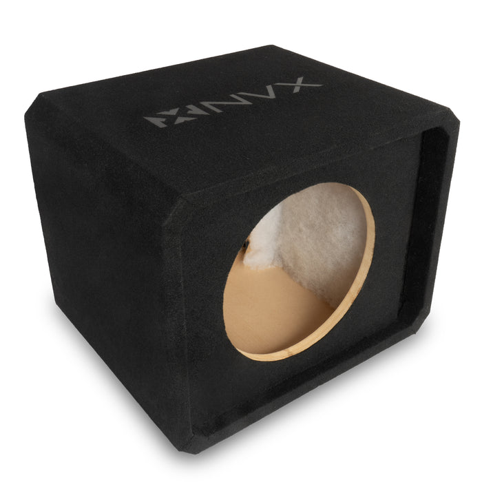 NE121P Single 12" Slot Ported 3/4" MDF Black Carpeted Subwoofer Enclosure – 1.75 Cu. Ft. with Polyfil and NVX Logo