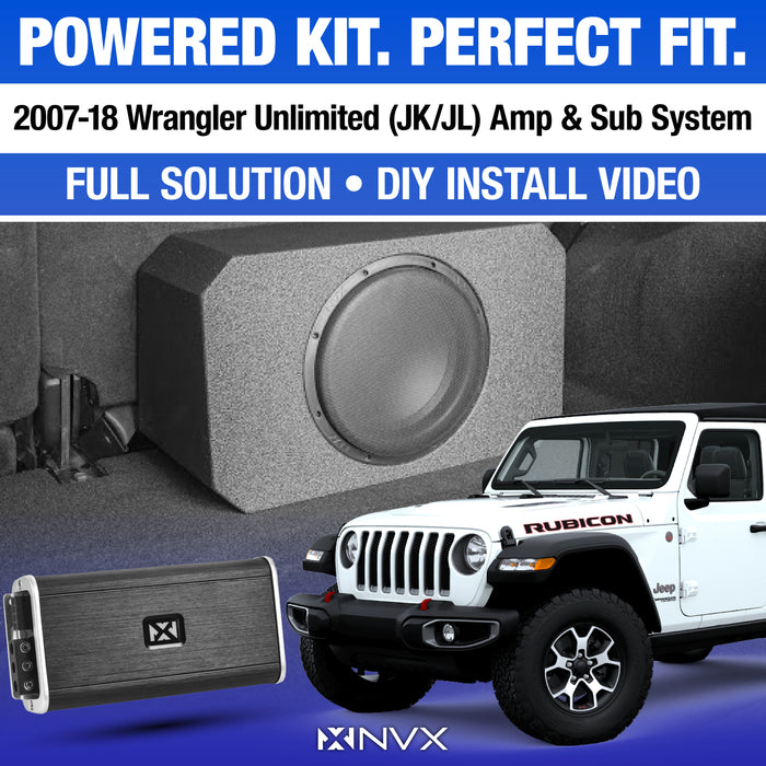 2007-2018 Jeep Wrangler JK Bass Package - Includes 10" 500W RMS Subwoofer, Custom Enclosure, Monoblock Amplifier, Line Out Converter and Complete Wiring Kit (PBK-JP-WUTLD-VSW104V2)