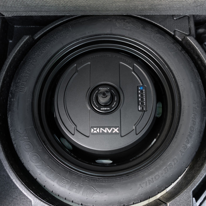 QBSTA 900W Peak (300W RMS) 11" Quick Bass Spare Tire Amplified Subwoofer System with Remote Bass Level Control and Amplifier Wiring Kit
