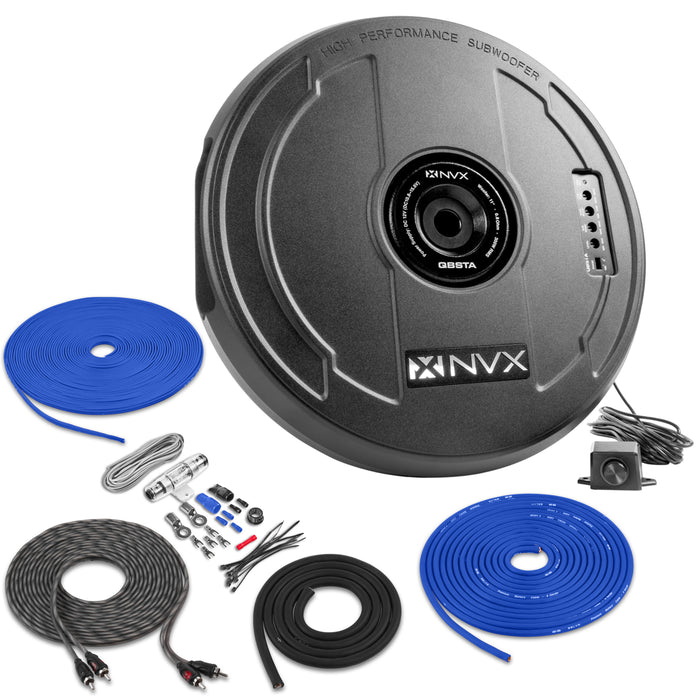 QBSTA 900W Peak (300W RMS) 11" Quick Bass Spare Tire Amplified Subwoofer System with Remote Bass Level Control and Amplifier Wiring Kit