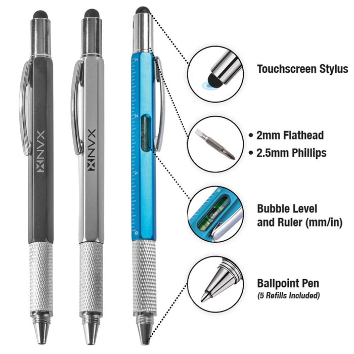 6 in 1 Multifunction Tool Pen with 5 Refills - 3 Pack Black | Blue | Silver